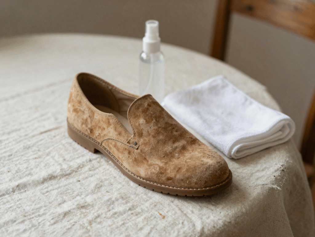Chaussure en daim marquée d'une auréole d'eau, brumisateur et chiffon blanc prêts pour le traitement