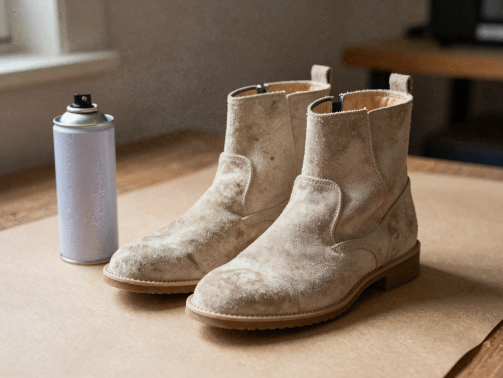 Chaussures en daim posées sur du papier kraft à côté d'un aérosol imperméabilisant