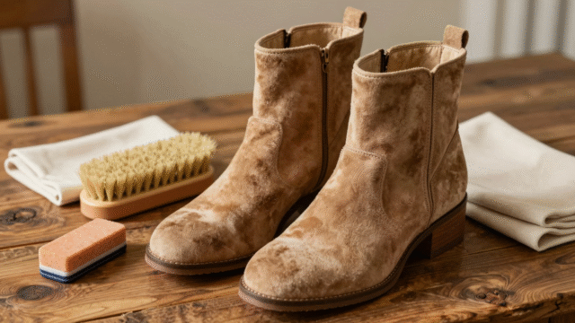 Bottines en daim camel avec brosse crêpe, gomme et chiffon doux prêts pour l'entretien