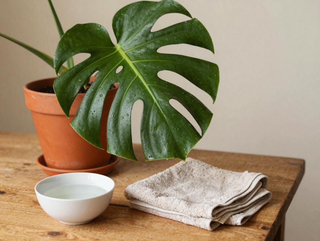 Grande feuille de monstera propre et humide, chiffon microfibre et bol d'eau posés à côté du pot