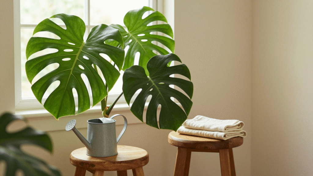 Plantes d'intérieur aux grandes feuilles vertes et brillantes près d'une fenêtre, chiffon et arrosoir posés à côté