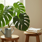 Plantes d'intérieur aux grandes feuilles vertes et brillantes près d'une fenêtre, chiffon et arrosoir posés à côté