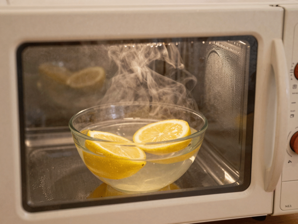 Bol d'eau avec deux moitiés de citron dans le micro-ondes, vapeur et buée sur les parois