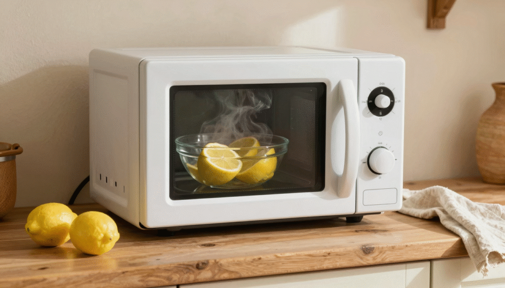 Micro-ondes ouvert avec un bol d'eau citronnée fumant, citrons frais posés sur le plan de travail en bois