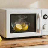 Micro-ondes ouvert avec un bol d'eau citronnée fumant, citrons frais posés sur le plan de travail en bois