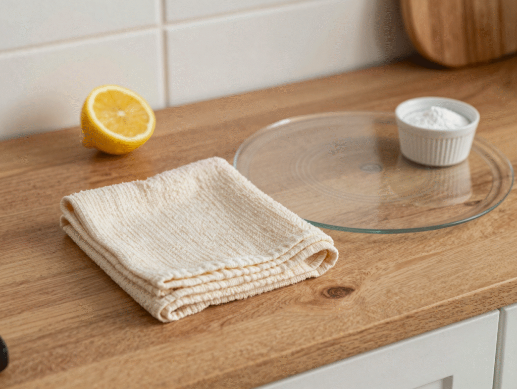 Chiffon microfibre, plateau en verre propre et demi-citron sur un plan de travail en bois