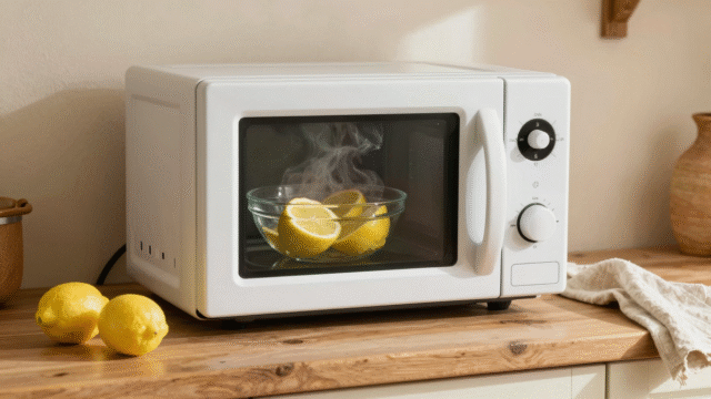 Micro-ondes ouvert avec un bol d'eau citronnée fumant, citrons frais posés sur le plan de travail en bois