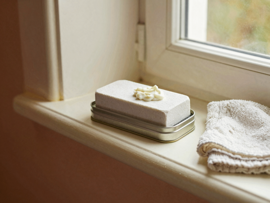 Pierre d'argile et éponge humide sur un appui de fenêtre en PVC en cours de blanchiment