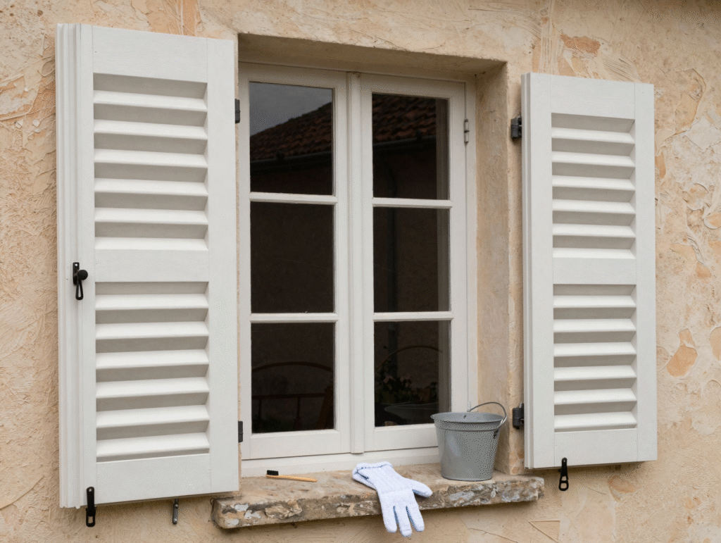 Volets battants en PVC à lamelles en cours de nettoyage, chaussette microfibre et brosse à dents posées sur l'appui