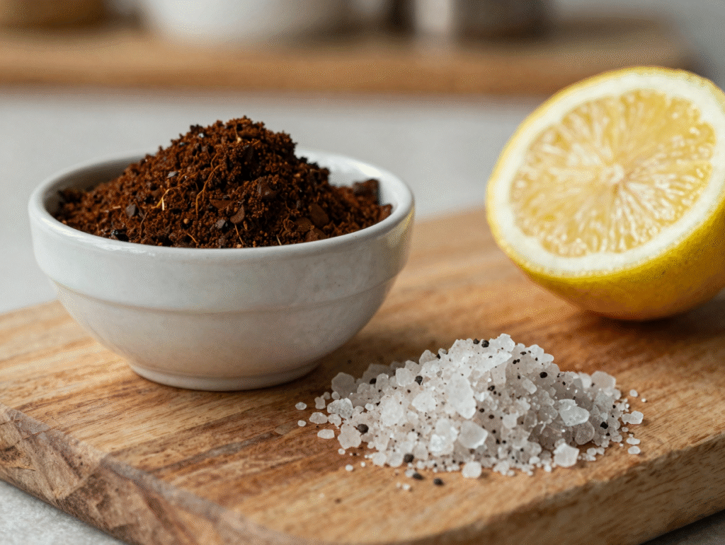 Bol de marc de café, gros sel et demi-citron pressé prêts à servir de gommage désodorisant