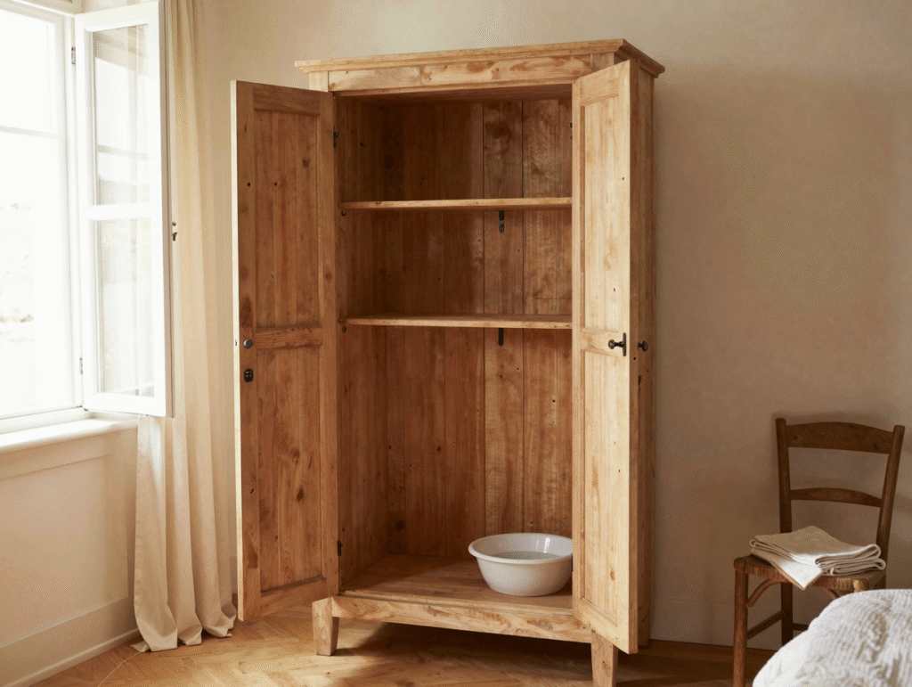 Armoire en bois grande ouverte pour s'aérer, étagères vides, bassine et chiffon posés sur une chaise
