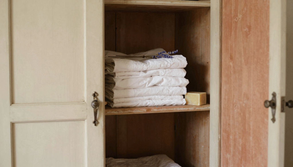 Armoire ancienne entrouverte avec du linge plié, de la lavande séchée et un cube de savon de Marseille