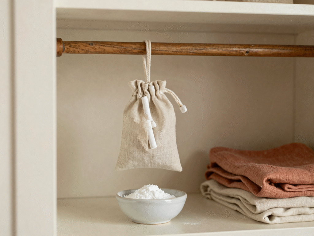 Sachet de craies suspendu à la tringle d'une armoire et bol de bicarbonate posé sur l'étagère