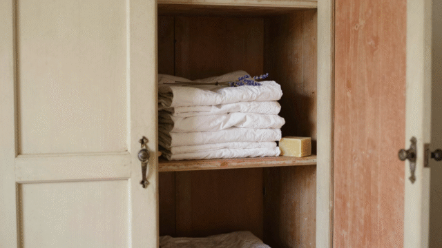 Armoire ancienne entrouverte avec du linge plié, de la lavande séchée et un cube de savon de Marseille