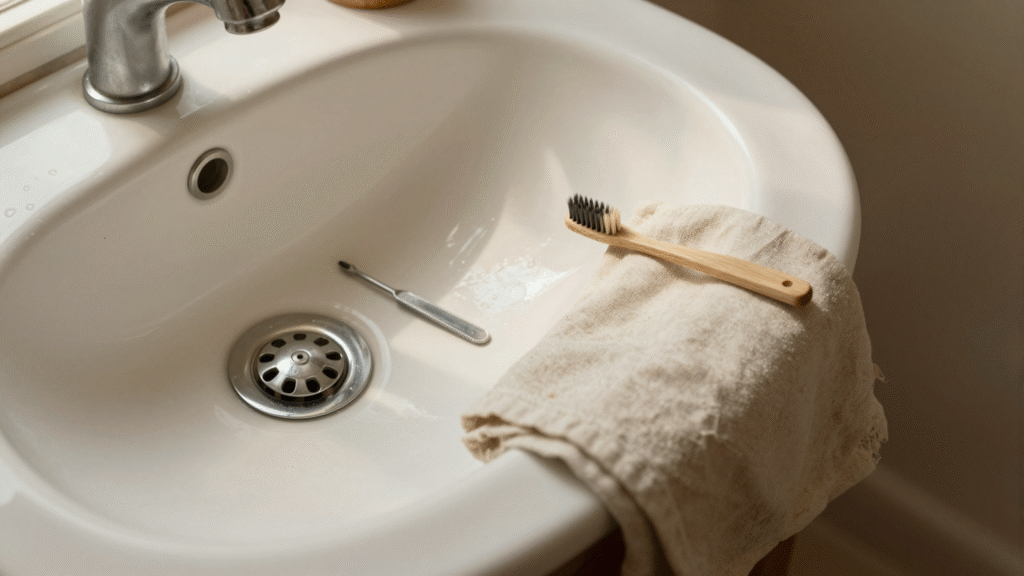 Lavabo blanc vu de dessus avec sa bonde dévissée posée sur le rebord, à côté d'un tournevis et d'une vieille brosse à dents