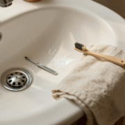 Lavabo blanc vu de dessus avec sa bonde dévissée posée sur le rebord, à côté d'un tournevis et d'une vieille brosse à dents