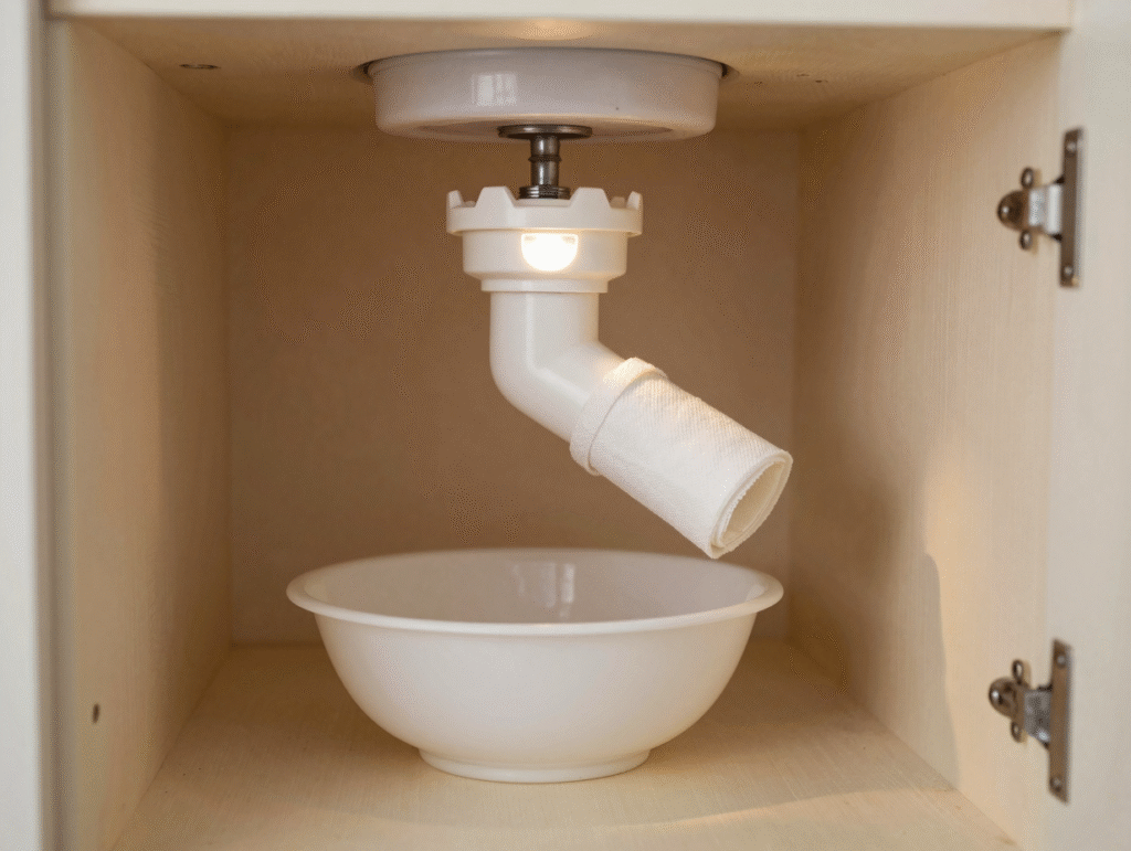 Dessous d'évier éclairé à la lampe torche, siphon plastique blanc avec ses bagues et un papier absorbant enroulé autour d'un raccord