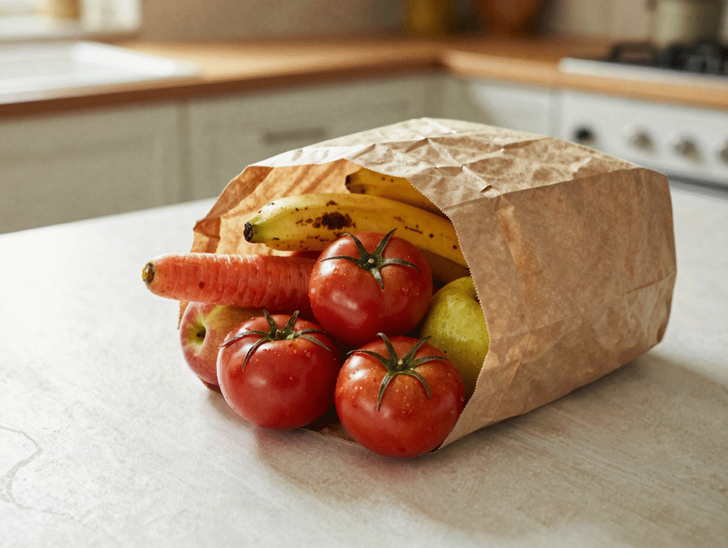Sac de courses ouvert sur une table, rempli de fruits et légumes un peu mûrs issus d'un panier anti-gaspi