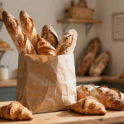 Sac en papier kraft rempli d'invendus de boulangerie, baguettes et viennoiseries, sur un comptoir en bois