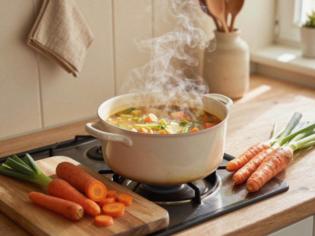 Soupe de légumes maison qui mijote, planche avec des légumes du panier coupés en morceaux