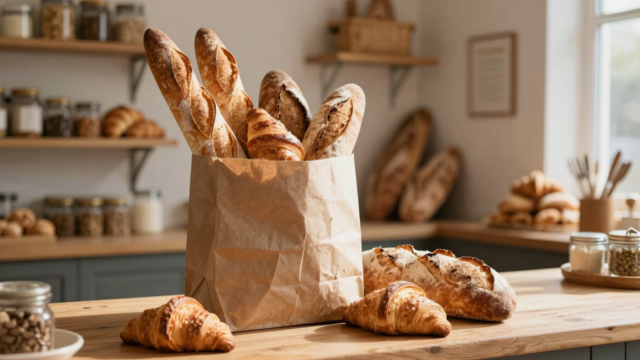 Sac en papier kraft rempli d'invendus de boulangerie, baguettes et viennoiseries, sur un comptoir en bois