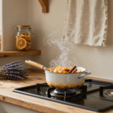 Casserole d'agrumes frémissant sur la cuisinière d'une cuisine rustique, lavande séchée et bocaux sur l'étagère