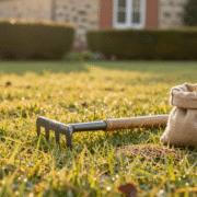 Pelouse à moitié jaunie en automne avec râteau et sachet de graines de regarnissage