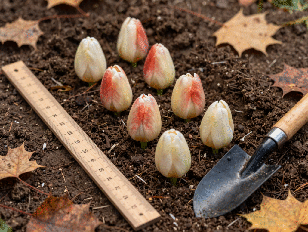 Bulbes de tulipes disposés pointe vers le haut dans une tranchée, avec une règle indiquant la profondeur
