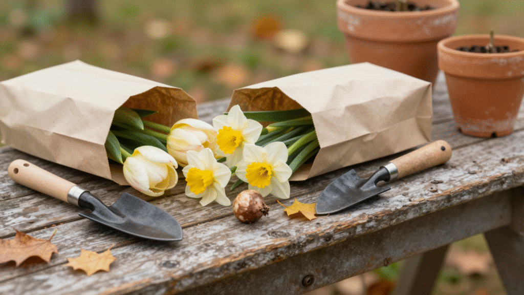 Bulbes de tulipes et de narcisses sur une table de rempotage en bois, prêts à planter en automne