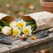 Bulbes de tulipes et de narcisses sur une table de rempotage en bois, prêts à planter en automne