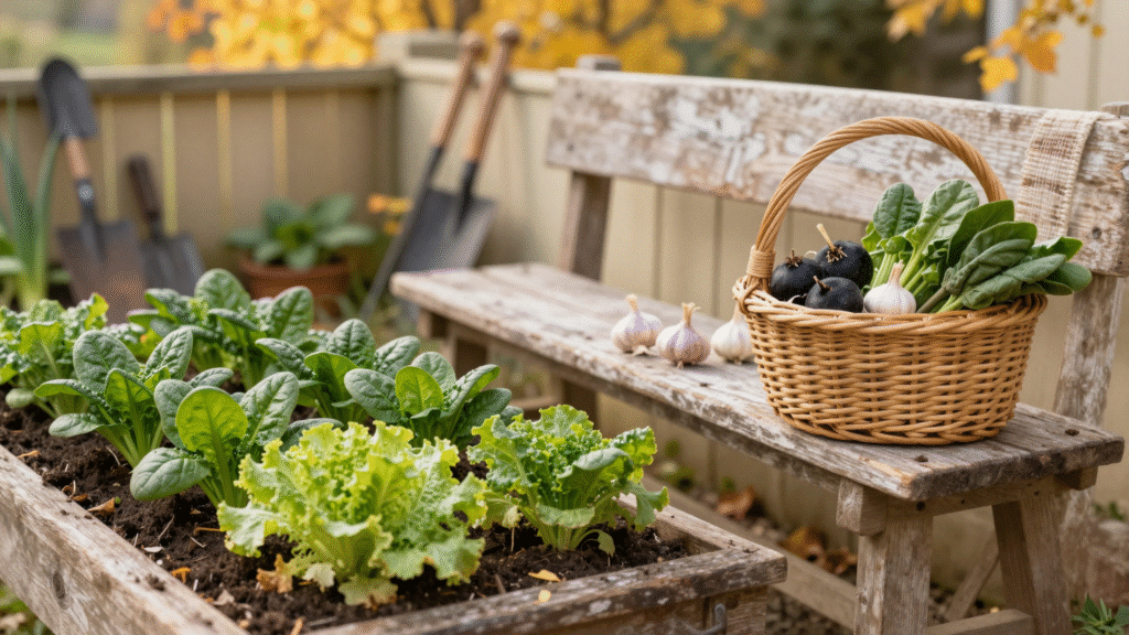 Potager d'automne avec jeunes rangs d'épinards, panier d'ail et de radis noirs sur un banc en bois
