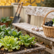 Potager d'automne avec jeunes rangs d'épinards, panier d'ail et de radis noirs sur un banc en bois