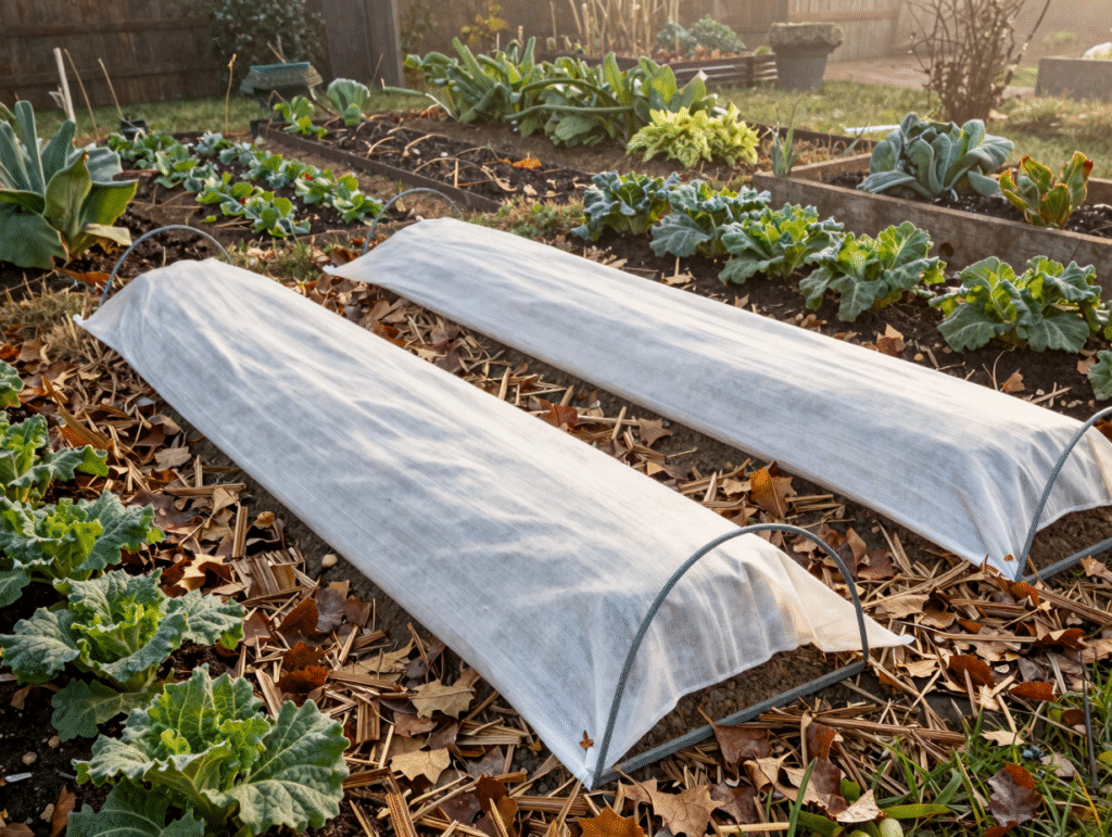 Carrés de potager protégés par un voile d'hivernage tendu sur des arceaux, paillis de feuilles mortes