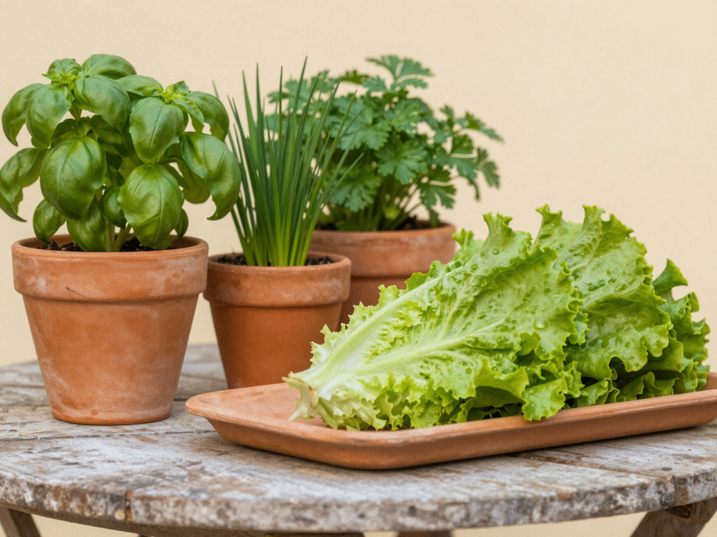 Pots de basilic, ciboulette et persil à côté de jeunes feuilles de salade à couper