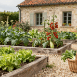 Potager généreux avec carrés de salades, courgettes et tomates cerises, panier de légumes posé dans l'allée