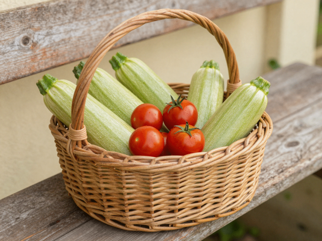 Panier en osier rempli de courgettes et de tomates cerises sur un banc de jardin