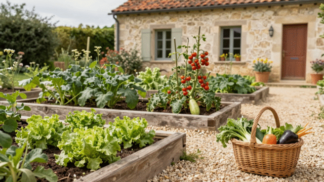 Potager généreux avec carrés de salades, courgettes et tomates cerises, panier de légumes posé dans l'allée