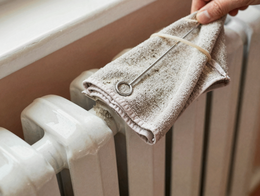 Chiffon fixé sur un cintre déplié glissé entre les ailettes d'un radiateur
