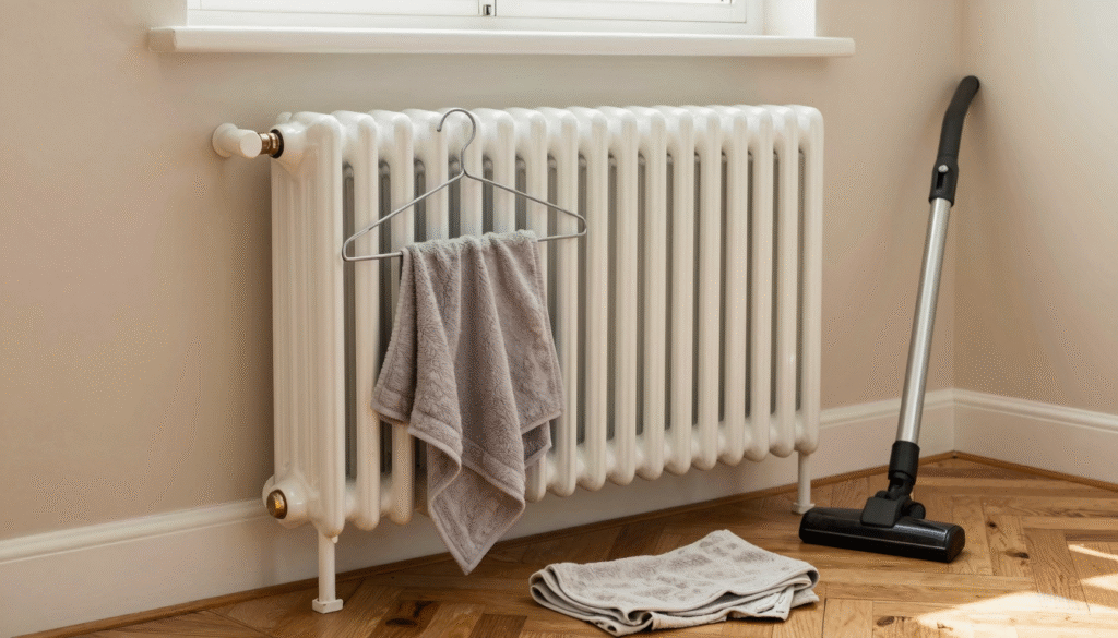 Radiateur à ailettes avec cintre habillé d'un chiffon et serviette humide posée au sol