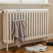 Radiateur à ailettes avec cintre habillé d'un chiffon et serviette humide posée au sol