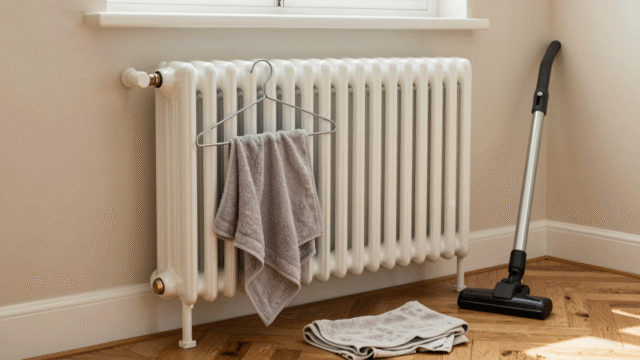 Radiateur à ailettes avec cintre habillé d'un chiffon et serviette humide posée au sol