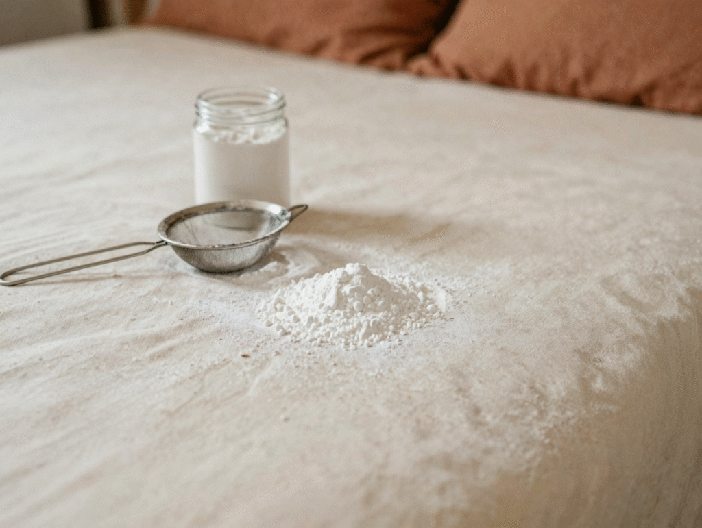 Surface d'un matelas saupoudrée d'une fine couche de bicarbonate avec une passoire et un bocal posés dessus