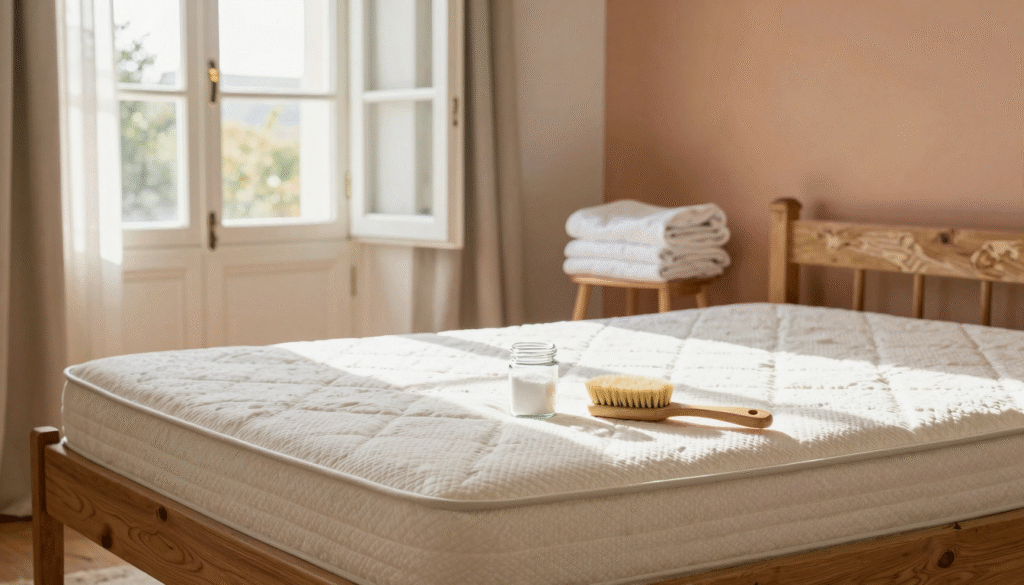 Matelas nu dans une chambre lumineuse avec un bocal de bicarbonate et une brosse posés dessus, fenêtre ouverte
