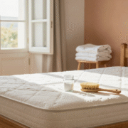 Matelas nu dans une chambre lumineuse avec un bocal de bicarbonate et une brosse posés dessus, fenêtre ouverte