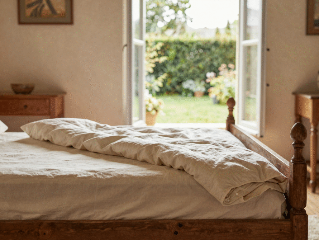 Chambre le matin avec couette repliée au pied du lit et fenêtre grande ouverte pour aérer la literie