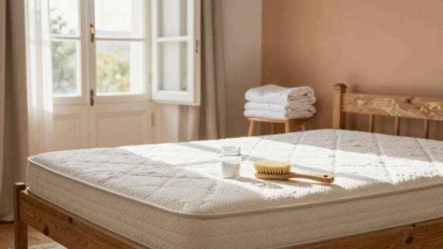 Matelas nu dans une chambre lumineuse avec un bocal de bicarbonate et une brosse posés dessus, fenêtre ouverte