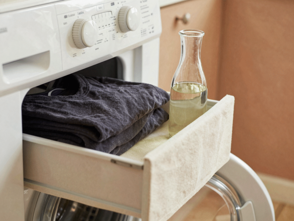 Carafe de vinaigre blanc près du bac à adoucissant d'un lave-linge