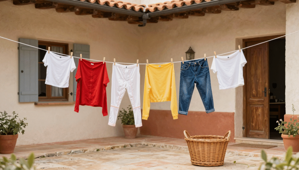 Vêtements colorés étendus à l'envers sur un fil dans une cour ombragée