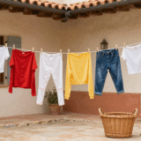 Vêtements colorés étendus à l'envers sur un fil dans une cour ombragée