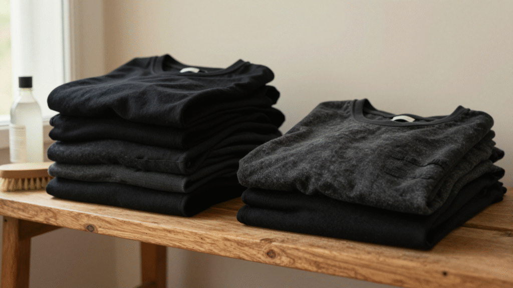 Pile de vêtements noirs bien profonds à côté d'un tee-shirt grisé, vinaigre blanc et brosse à vêtements posés à côté
